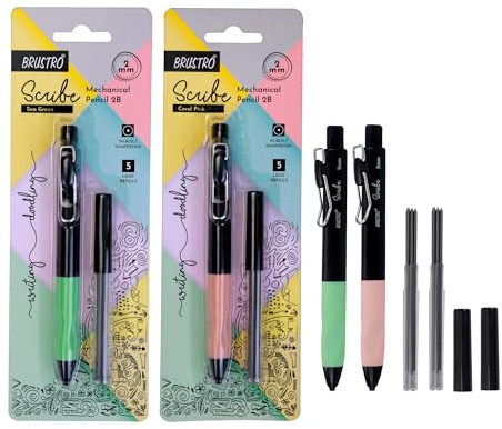 BRUSTRO Scribe Precision mekanisk penna 2B | spets 2 mm, set med 2 (korallrosa och havsgrön) med inbyggd pennvässare och 5 extra ledningar |Perfekt för att skriva, skissa, rita, mandala-konst, skolor