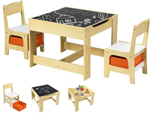 RELAX4LIFE Tavolino Bambini con Sedie, Tavolino Legno 3 in 1, Tavolo per Bambini con Piano Reversibile (Lavagna/Bianco) e 2 Sedie con Cassetti (62 x 62 x 48,5 cm, Naturale)