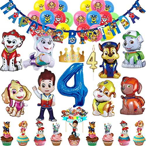 57 Stück 4. Geburtstagsdeko Geburtstag Deko 4 Jahre Jungen Mädchen Party Deko Set Happy Birthday Banner, 9 Großer Folienballons, 20 Latex Ballons, Tortendeko, Kerzen, Geburtstags Mützen (Zahl 4)