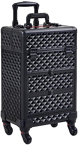 Yaheetech 3-in-1 Kosmetikkoffer mit 2 Schubladen, Schminkkoffer mit 360° drehbare Rollen, Make-up Koffer für Reisen, 34,5 x 24,5 x 58 cm, Schwarz
