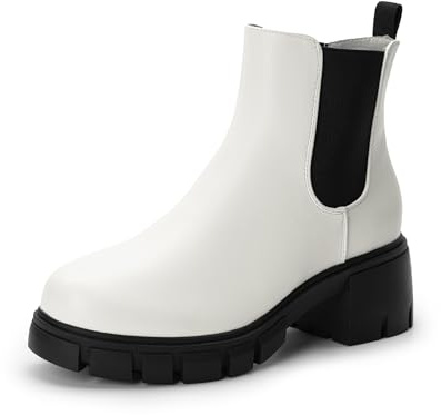 DREAM PAIRS Botines Chelsea elásticos para mujer, con plataforma, tacón bajo y grueso, suela de lengüeta, sin cordones, para otoño, Blanco, 39 EU