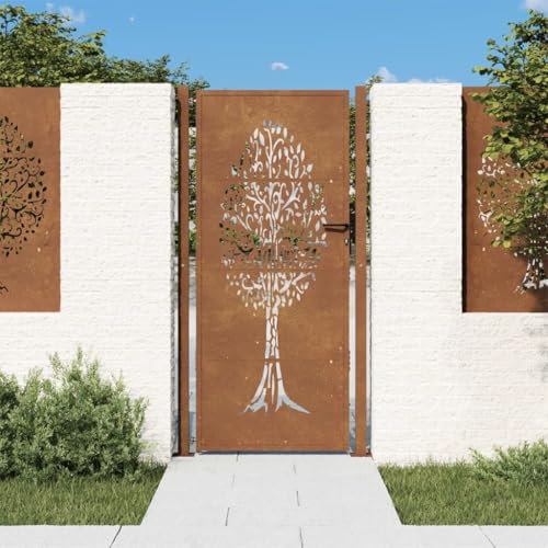 Sufrk - Portal de jardín (105 x 205 cm, acero corten), diseño de árboles, barrera al aire libre, barrera de jardín, puerta de malla