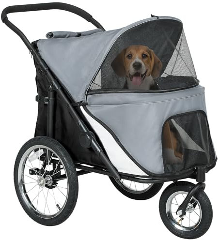 PawHut Hundebuggy Hundebuggy 3 Räder Hundewagen - einhändig faltbar, Gummiräder, Aufbewahrungstasche, weiches Kissen, Sicherheitsleine, Katzenbuggy Tragkraft 40 kg, grau