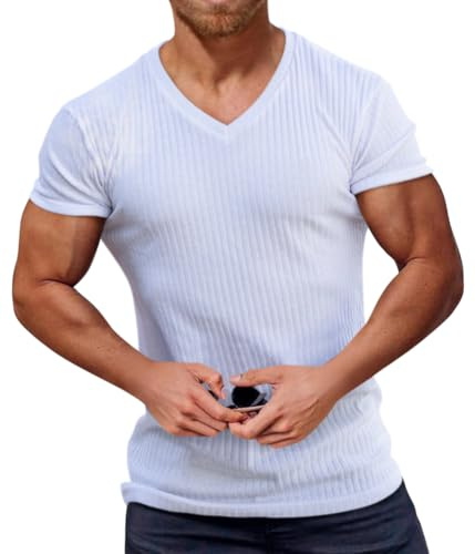 nicticsi T-Shirt col en V pour Homme Tshirt Côtelé à Manches Courtes Décontracté Tee Shirt Sport Fitness Musculaire T-Shirt Couleur Unie Classique Haut Tshirt d'Été Léger et Respirant A Blanc L