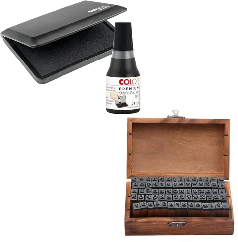 COLOP Black Ink Pad, Ink Pad Refill & Alphabet Letter Stamps Set | Suitable for Stamping Letters | Used for Crafting, Home and Office Use | 110mm x 70mm Stamp Pad, 25ml Ink & 70pcs Set