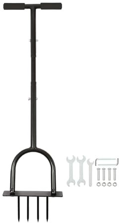 Harbour Housewares 4-Prong Lawn Aerator - 24.5cm x 1M - Black - 1x Manual Heavy Duty Garden Gardening Grass Fertilizer Soil Turf Spikes Scarifier Aeration Hand Fork Tool