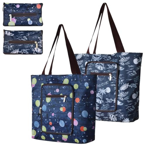 Borsa Spesa Grande 2 Pezzi Pieghevole Con Cerniera, Shopping Tote Bag Riutilizzabile 45 * 35cm, Lavabile, Per Shopping, Viaggio, Campeggio