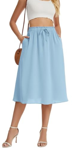 WUWUSKY Women's Skirts Elastic High Waist Flowy Midi Skirt Summer Casual Elasticated A Line Skirts with Pockets