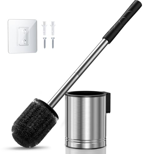 HAMITOR Toilet Bowl Brush Set: Compact Space-Saving Design with Hidden Holder for Small Bathrooms, Apartments & RVs - Bathroom Cleaning Accessories - Rustproof Toilet Scrubber Cleaner Kits Silver