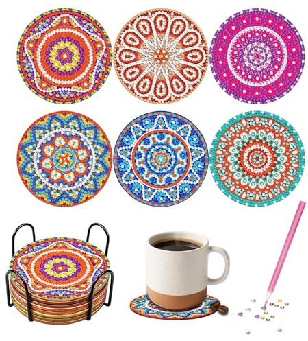Shyllin Diamond Painting Posavasos DIY, Posavasos Diamond Painting para Adultos, Kit Creativo con Diseños Mandala, Frutas y Paisajes, Posavasos Redondos con Base de Corcho (Mandela)