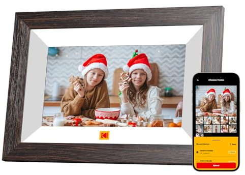 KODAK Cornice Digitale WiFi Cornice Foto Digitale, 7 Pollici HD IPS Touchscreen, Legno Cornici Elettronica con 32GB di Memoria, Portafoto Digitale Condivisione di Foto/Video via APP o Cavo di USB C