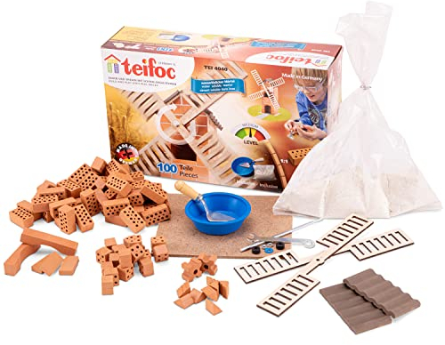 Teifoc TEI 4040 Steinbaukasten - Windmühle für Kinder ab 6 Jahren, Bastelset für Mädchen und Jungen mit Mini Ziegelsteinen und Mörtel, DIY Motorikspielzeug mit 100 Bauteilen