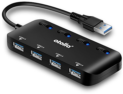 atolla 4 Port USB 3.0 Hub, USB-Hub aktiv Verteiler Datenhub 5Gbps mit einzelnen Power Schalter und LEDs