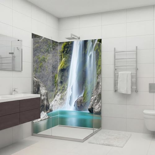 dedeco Paroi de douche d'angle imperméable avec cascade V15 motif vernis UV brillant – 2 x 90 x 200 cm, paroi arrière de salle de bain pour remplacement du carrelage, mur décoratif, revêtement mural