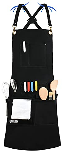 QeeLink Delantal Cocina Hombre y Mujer Profesional, Delantal Barbacoa con 10 Bolsillos, Mandiles de Cocina Ajustable de M a XXXL, Negro