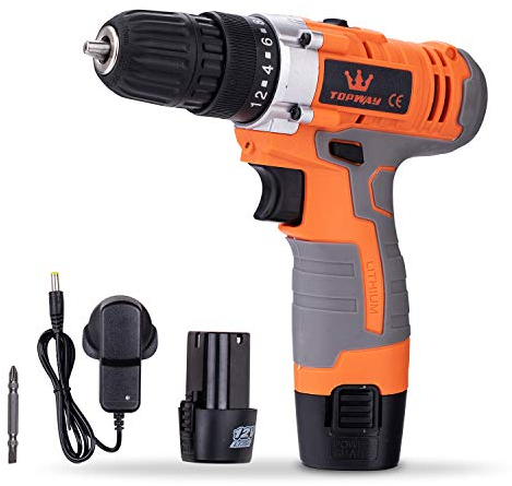 TOPWAY Taladro de Impacto Inalámbrico 12V con 10mm Mandril sin Llave, 2 x 1.5Ah Baterías incluidas, con 2 Velocidades y luz LED, para Madera, Cemento, Hormigón, Techo, Pared de Ladrillo 102001