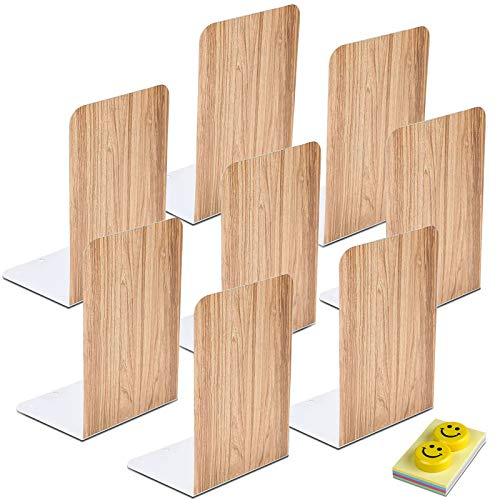 Qualsen Serre Livre Original Cale Livre Etagere Metal Presse Livre Serre Livres 4 Paires Serre-Livre Bloc Livre pour Étagère Bureau Maison École Dortoir 17 x 12 x 10,3 cm(Imitation Bois)