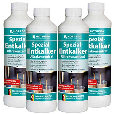 HOTREGA Spezial-Entkalker Ultrakonzentrat 4x 500ml | Entfernt Kalk in Kaffeevollautomaten, Padmaschinen & Wasserkochern | Materialschonend