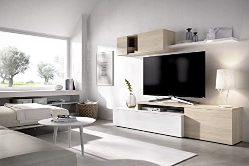 CAESAROO Parete attrezzata porta Tv 201 cm Marylin Bianco lucido e Rovere Naturale - Bianco e Naturale