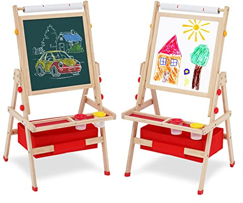 Chevalet d'Art en Bois pour Enfants,Double Face Tableau Blanc/Noir Rotatif avec Rouleau de Papier,Tableau à Dessin avec Bac de Rangement,Pour Filles et Garçons à Partir de 3 Ans