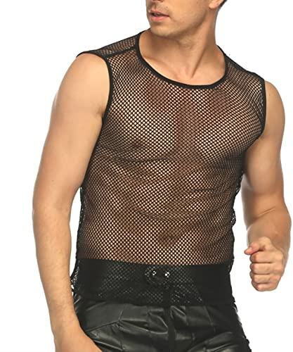 ROSVAJFY Maglietta Muscolare da Uomo Senza Maniche, a Rete Trasparente, Traspirante per Sport, Palestra, Clubwear, Sexy, Nero, M