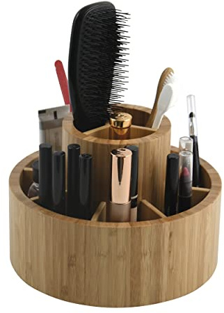 MSV - Organizador de Maquillaje Giratorio 360° - Gama ISALYS - 2 Compartimentos Grandes y 4 Pequeños - Almacenamiento Cosmético y Accesorios en Bambú - Beige
