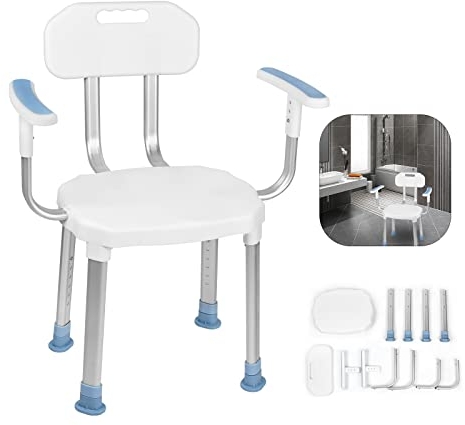 YARDIN Duschhocker für Senioren Duschstuhl mit Armlehnen und Rückenlehne Duschsitz höhenverstellbar Badezimmerhocker Badewannenhocker Duschbank, Mattierte Sitzplatte