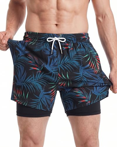maamgic 5 Mens Swim Shorts with Compression Liner 4-Way Stretch Bathing Suit Swimming Shorts with Pockets,5.5 Black Palm,L