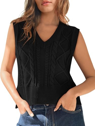 Tongmingyun Gilet en tricot pour femme sans manches avec col en V Pull en tricot basique Gilet en tricot uni Tank top pour affaires et loisirs Veste en tricot pour femmes, Noir , XL