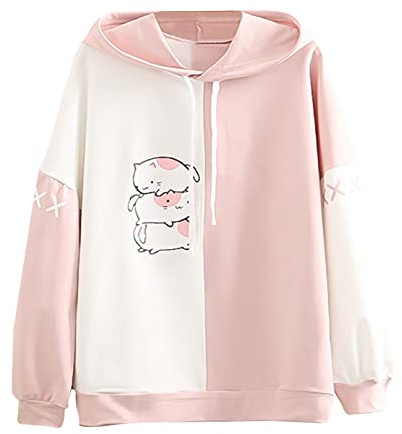 CGGMVCG Söta huvtröjor för tonårstjejer kvinnor japansk Kawaii katttryck tunn pullover toppar skarv lappverk tröja