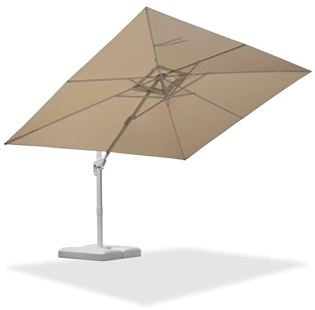 PURPLE LEAF 2.7 X 3.5 M Garden Cantilever Parasol, Large Rectangular Patio Umbrella with White Frame, Crank Handle and Tilt for Balcony and Outdoor, Beige