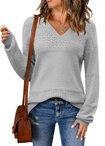 Zeagoo Jersey Mujer Invierno Manga Larga Elegante Suéter Otoño Cuello en V Pullover Sólido Sweater de Punto Hueco S-XXL