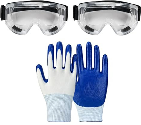 VZU 2PCS Safety Goggles, Protective Goggles, Safety Glasses over Glasses, Eye Protection Glasses, Clear Safety Glasses with a Pair of Blue Rubber Gloves for DIY, Chemistry, Lab, Welding, Science