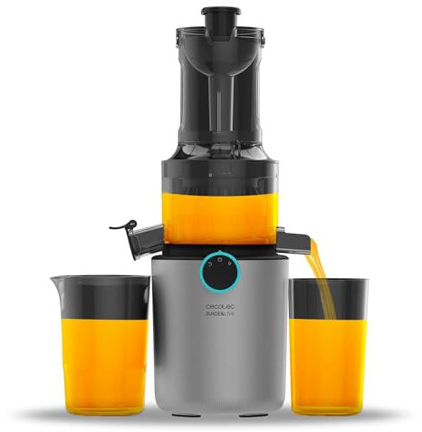 Cecotec Licuadora para Frutas y Verduras de Prensa Fría Juice&Live 1500 Slim. Motor DC de 200W, 1 Velocidad y Función de Marcha Atrás, Boca de 82mm, 55±5 RPM, Fácil Montaje y Limpieza