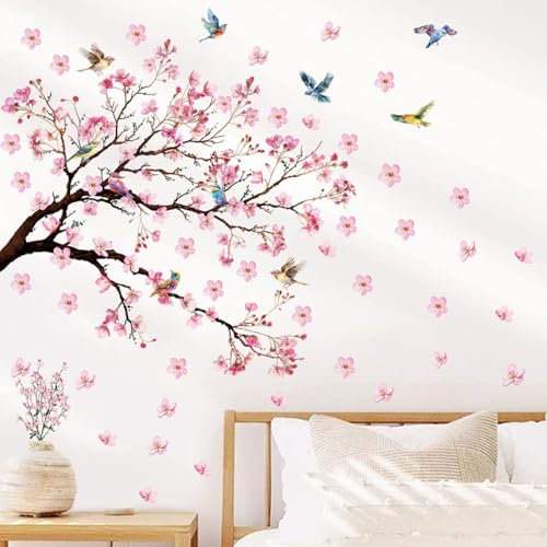 SanKristo flor de Melocotón Rama de aves de Pared Pegatinas, Pájaros de Flores de Color Rosa Pegatinas Dormitorio Sala de Estar Sofá TV Decorativos de Fondo, Autoadhesivo Arte de la Pared Papel Tapiz