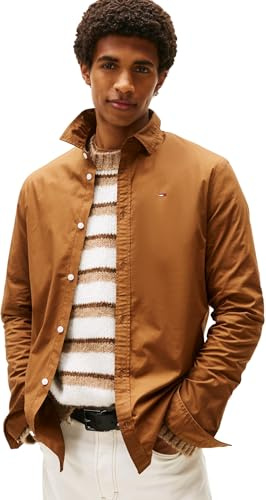 Tommy Jeans Camisa Hombre Original Stretch Manga Larga, Beige (Pecan Nut), M