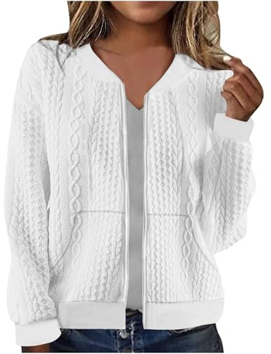 Cardigan Sweaters for Women UK Full Zip Jacket Long Sleeve Sweatshirt with Pockets Cable Knit Coat Lightweight Elegant Fall Outfits Casual Pullover Bolero Ladies Jacket Coat for Daily
