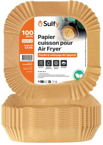 100 pièces Papier Cuisson pour Air Fryer (23x23 cm) Carré Paper Liner Friteuse, Papier Air Fryer Carré Antiadhésif Pour Friteuse Sans Huile 5,5 à 9 litres - Idéal pour la cuisson saine