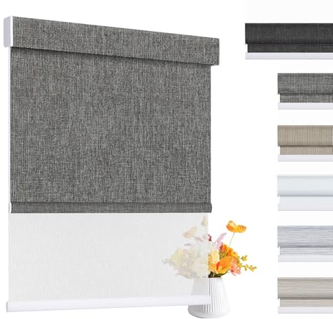 Grandekor Dual Roller Shades, Day and Night Roller BlindsCordless Double Window Shades,Blackout and Light Filtering Shades with Valance,Roller Blinds for Home Office Door,Dark G and White 72x64