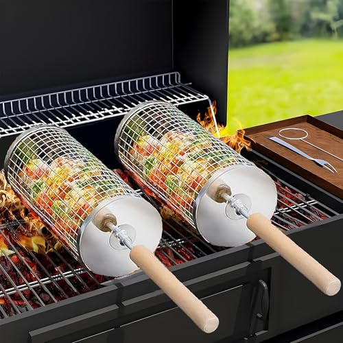 HUZAYL Rolling Grill Basket Round with Removable Wooden Handle, 304 Stainless Steel, Nesting Grilling Net, BBQ Accessories Tools for Vegetables Shrimp, Outdoor Cooking Camping Gift