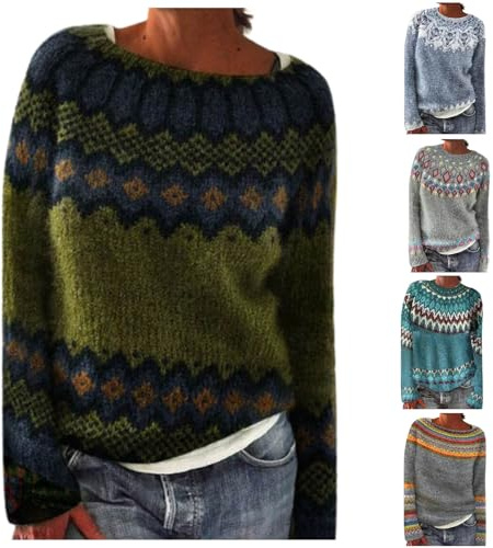 Pulls, Gilets Et Sweats Femme, Pull Norvégien Vert Femme En Laine Grande Taille Sweatshirts Sweat Sans Capuche Chic Et Elegant Sweatshirt Islandais Hiver Chaud Col Rond Jacquard Polaire Torsade