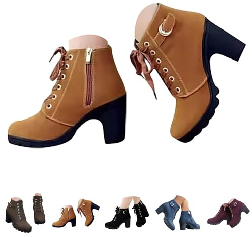 Botas de tobillo para mujer con tacón, botines de plataforma con hebilla con cordones, tacón de bloque, botas de caña corta, botas de saltar, antideslizantes, botas de invierno, botas de motero, botas