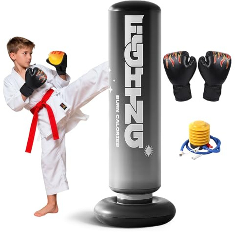 Flintronic Saco De Boxeo Niños, 47'' (120cm) Bolsa de Boxeo Inflable de Pie con Guantes, Hinchable Set de Boxeo para Karate Kickboxing MMA, Regalo Ideal para Niños y Niñas de 3-10 años