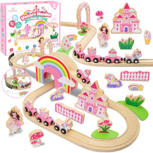 SIMPLIPLAY Wooden Train Set - 43PCS Unicorn Magnetic Toy Train Sets with Wooden Train Tracks & Bridge for Girls Toddlers, Enhance Fine Motor Skills, Ideal for Birthday