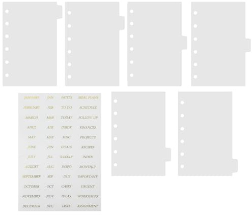 FOYTOKI Separadores de Carpeta de Anillas Transparentes A7, Divisores de Página de Pp Mate 6 Agujeros para Archivador, 7 Hojas con Pestañas Doradas para Cuadernos y Agendas Escolares