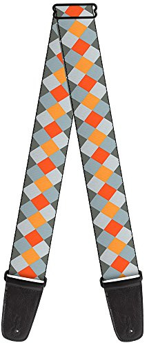 Buckle-Down Guitar Strap Diamond Plaid Grays Orange 2 Inches Wide