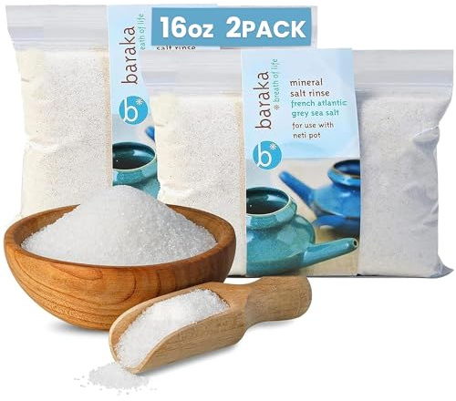 Baraka Mineral Sea Salt Rinse - French Atlantic Grey Sea Salt, Neti Pot Sinus Rinse, Natural Saline Solution, Nasal Wash, Perfect for Daily Neti Pot Rinsers, Easy to Use, No Additives, 16-oz, 2-Pack
