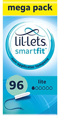 Lil-Lets Non-Applicator Lite Tampons X 96, (6 Packs of 16 Tampons), for Light Flow, 1 Droplet, Plant-Based, SmartFit Non-App Tampon