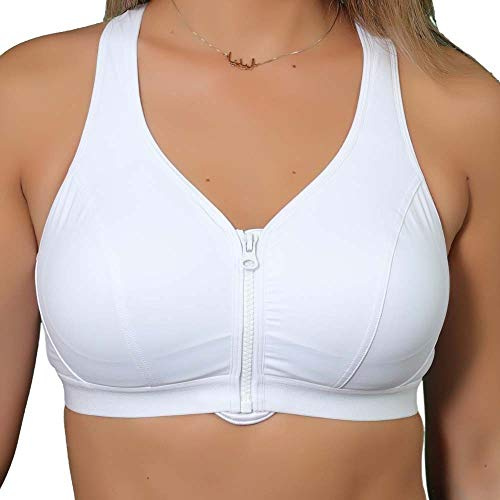 Gemm Ladies Black or White Zip Front Fastening Sports Bra Medium Impact Non Wired Active Gym (40 H, White)