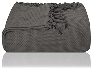 LAYNENBURG Premium Couvre-lit avec Franges nouées à la Main - 100% Coton - 180 x 220 cm - Couverture d'été en piqué gaufré en Coton, Couvre-canapé & Couverture de canapé (Anthracite)